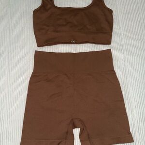 Brown Ribbed Crop Top and Shorts Set
